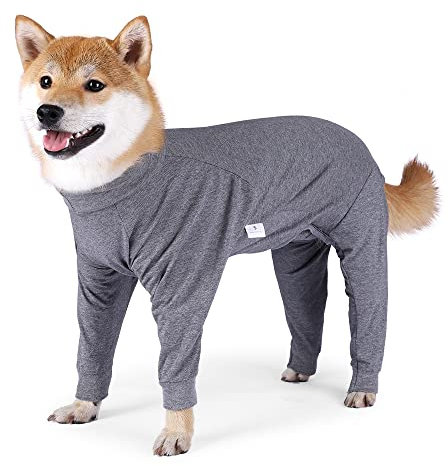 SUYUKU Genesungsanzug für Hunde Anti Leck Welpen Langärmelig Body für Elisabethanisches Kragen Einteiler mit Beinen Operationsbody Weich Bequem Warm Pyjama Kleidung für Haustiere (Grau, L)