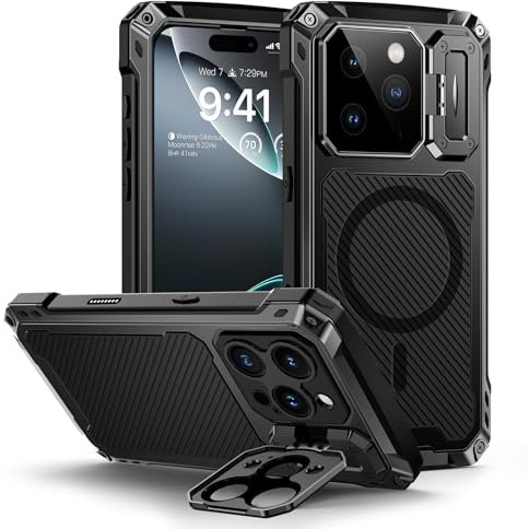 Lanhiem for iPhone 16 Pro Max Metal Case with Camera Cover & Stand [Compatible with MagSafe] [Built-in Kickstand] [Military-Grade Protection] Heavy Duty Rugged Magnetic Phone Case, Black