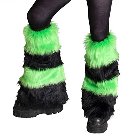 YILEEGOO Womens Faux Fur Fuzzy Leg Warmers Warm Fuzzy Rainbow Boot Sleeves Boot Covers Cuff Fluffy Rave Music (Z-Neon Green Black, One Size)