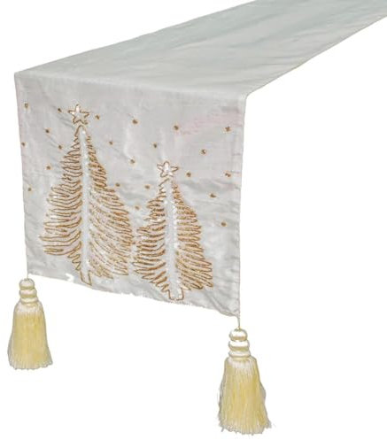 Decorativo Oro Runner da tavola, 35 x 90 cm Seta Runner da tavola, Ricamo Zari, Albero di Natale Biancheria da tavola, Moderno Regali per le feste, hosting di Natale - Gold Twilight Pine