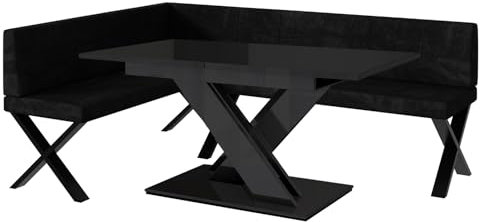 MEBLINI Eckbank für Esszimmer mit ausziehbarem Tisch - Küchenbank - Essecke - Sitzecke Küche - Peter - X-Beine 142x196x87cm Links - Graphit Samt/B Schwarz Hochgl.