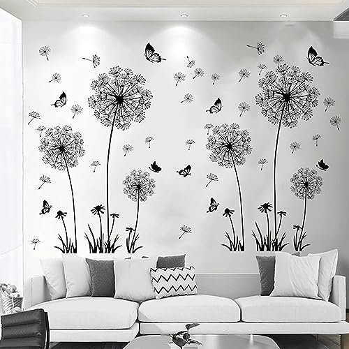 Arawat 2 Set Dandelion Wall Decals Living Room Wall Tattoo Flowers Wall Sticker Bedroom Wall Sticker Children's Room Window Tattoo to Stick Black Wall Decals Plants for Kitchen Bathroom