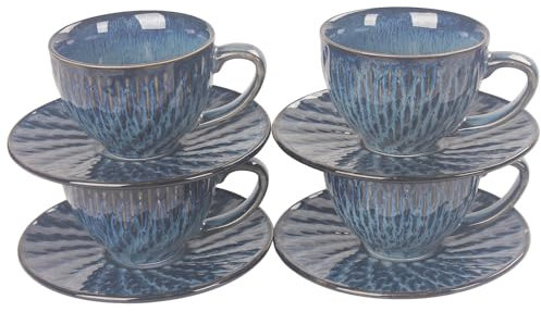 jinsongdafa Juego de tazas de café de 200 ml, taza de té de cerámica con platillo, 8 piezas, tazas apilables para latte, té caliente, capuchino, moca, cacao, lavavajillas, azul oscuro