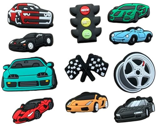 Car Clog charms Racing Flags Drive Boy Man Sports Shoe Clip SUV Speed Rim Cone Fast Turbo Gaming Game Shoe Clip Accessory Gamer (11 Pack)