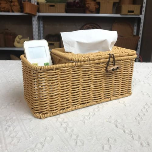 Soporte cuadrado tejido tejido, caja de papel de imitación de ratán, caja de pañuelos tejida caja de almacenamiento multifuncional con soporte de almacenamiento de control remoto