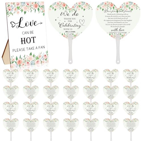 YXSJAS 30Pcs Wedding Fan Gifts for Guests Floral Handheld Fan with 1 Wedding Table Sign, Floral Wedding Favors Thank You Fans for Guests Hostess Gifts Plastic Handheld Heart Shape Fan Flower Pattern