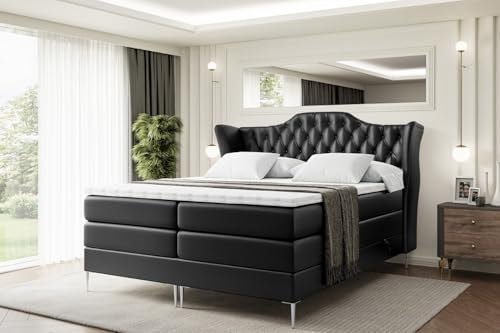 ALTDECOR Boxspringbett mit Silber Füßen, Matratze und Lattenrost, Topper, Polsterbett mit Bettkasten, Bett mit Stauraum H3- und H4- Matratze, Doppelbett -Vila-FS KING-200x200 - Schwarz Kunstleder