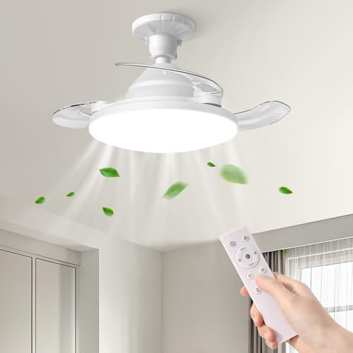 YISUN Ventilatore da Soffitto con Luce LED, E27 Ventilatore da Soffitto con Lampada e Telecomando, Silenzioso Lampadario con Invisibile Pale Retrattili, 3 Tonalità Dimmerabile,Timer, 3 Velocità,Bianco