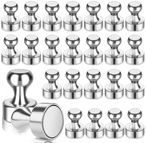24 Pcs Neodymium Magnets, 12 x 16mm Fridge Magnet with Round Handle | Neodymium Magnets,Strong Magnetic Push Pins Fridge Magnets for Whiteboard, Office, Classroom, Crafts, Photo, Map (Silver)