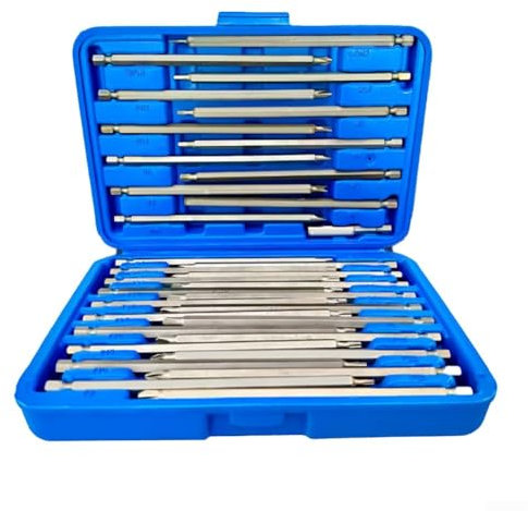 Yuanpgky 33-teiliges Schraubendreher-Bit-Set, 150 mm, extra lange Reichweite, Sternkreuz, flache Pflaume, sechseckig, U-förmige Köpfe, Chrom-Vanadium-Stahl, Aufbewahrungskoffer