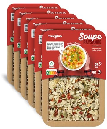 Trevijano Soupe Paysanne: 6 barquettes de 100 g chacune. Chaque barquette contient 8 portions de soupe mélange de pomme de terre, oignon, tomate, poivron vert, épinard, brocoli et poireau.