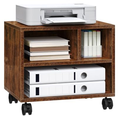 WOLTU Druckertisch mit Rädern, mobiler Druckerständer, Druckerhalter, Druckerwagen auf Rollen, Bürocontainer rollbar, Aktenwagen, mit 3 Fächern, für Büro Arbeitszimmer, 40x35x30 cm, Rustikales Braun