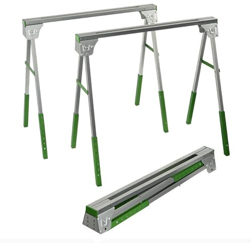 Professional Adjustable Height Folding Steel Saw Horses Twin Pack, Heavy Duty Supports Up to 450kg for Woodworking, Carpentry, and Construction