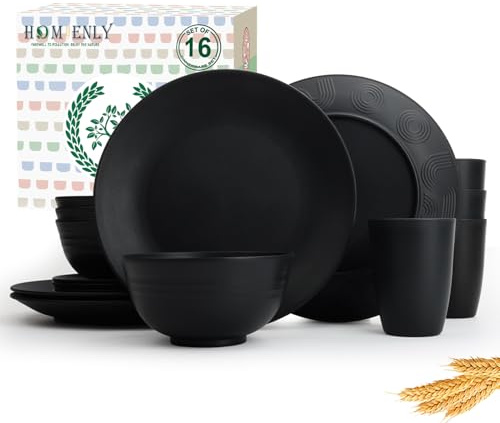 Homienly 16-Piece Wheat Straw Dinnerware Sets, Reusable Unbreakable Plates and Bowls Sets,Cups,Service for 4, Premium Dishwasher and Microwave Safe Dish Sets for Kitchen,Outdoor - Black