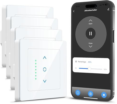 Rolladenschalter Smart Wlan mit Zeitschaltuhr und Kindersicherung | LincoSoft Smart Jalousienschalter Kompatibel mit Alexa/Google Home, Neutralleiter erforderlich -80x80mm 4 Stücke