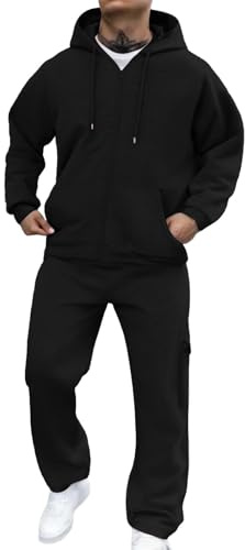 Mens Suits 2 Piece Regular Fit，Mens Sports Tracksuit Set Fleece Hooded Full Zipper Sweatshirt Cargo Jogging Stretch Sweatpant Bottom Co Ord Set Christmas Costume Plus Size Joggers Activewear Black L