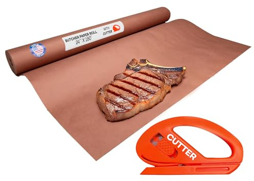 Peach Butcher Paper 24 x 2160 (180 feet) with Cutter - USA-Made Natural Butcher Paper Roll for Meat & Fish - Uncoated, Unwaxed & Food-Grade Material for Smoking Meat, Grilling & BBQ by IDL Packaging