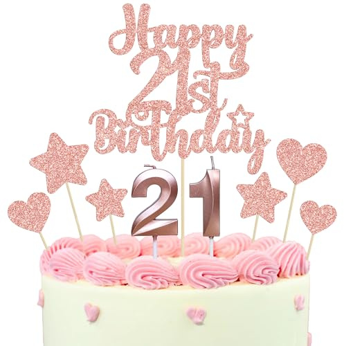 Gyufise 15Pcs Happy 21st Birthday Cake Topper Set with Heart Star Glitter Cheers to 21 Years Cake Picks Number 21 Candles Cake Decorations for Happy 21st Birthday Anniversary Party Supplies Rose Gold