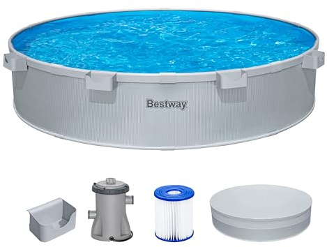 Bestway Stahlwandpool Set 305 x 61 cm, Rund, Grau – Aufstellpool mit Filterpumpe für den Garten, 3790 Liter Gartenpool im Industrial-Look