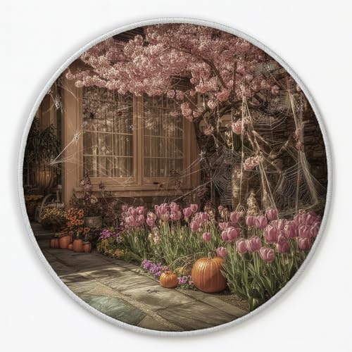 Générique Tapis Rond 120 cm Diamètre Salon Rose poudré, Rêveur Floral Botanique Tulipe Fleur Microfibre Rond Tapis Lavable en Machine