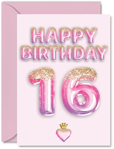 16th Birthday Cards for Girls and Boys, Pink & Purple Glitter Balloons | Happy Birthday Card for 16 Year Old Boy Girl Cousin Daughter Grandson Son, A5 Bday Greeting Cards