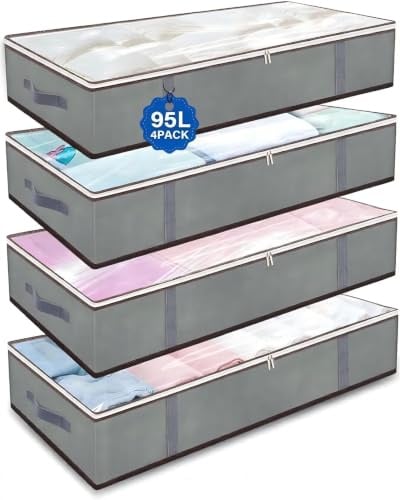 Alitree 4 Stück 95L Unterbett Aufbewahrungsbox,Aufbewahrungstasche Deckel | unterbettkommode, Faltbare Kleiderauf bewahrung stasche, für Bettwäsche, Bettdecken und Kleidung