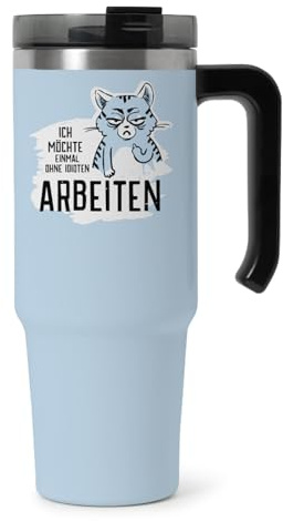 itsisa XXL Thermobecher Miesekatze Ich möchte einmal ohne Idioten arbeiten mit Griff und Strohhalm 1200 ml - Isolierbecher, Trinkbecher, Trinkflasche, Kaffeebecher, Kaffeetasse