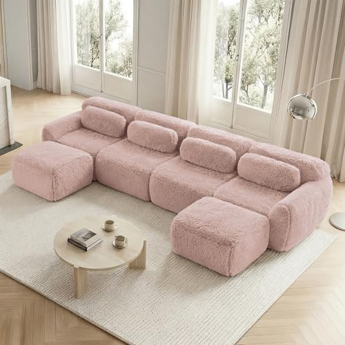 Luscriate Modernes Boneless Couch Sofa mit Hocker, Schlafsofa U Form, Couch Cloud Polstersofa Ohne Montage, Rosa 4-Sitzer+2 (Pink, 4S+2)