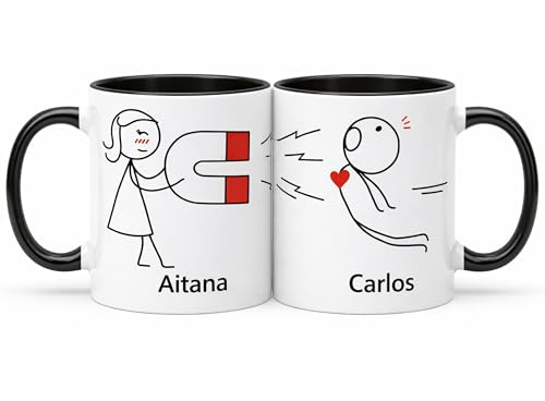Gifters | Tazas Personalizadas Parejas con Nombres | Diseño Imán Atracción | 325 ml - Negro | Regalo Divertido, Original y Romántico Novios, San Valentín, Día Enamorados, Aniversario