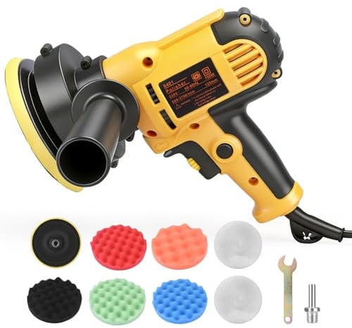 Lustreuse Polisseuse Voiture, 700W Polisseuse Voiture avec 6 Vitesses Réglable 600-3700 tr/min, Moteur Puissant, Poignée Amovible et 5 Tampons de Polissage Amovibles pour Polissage Voiture