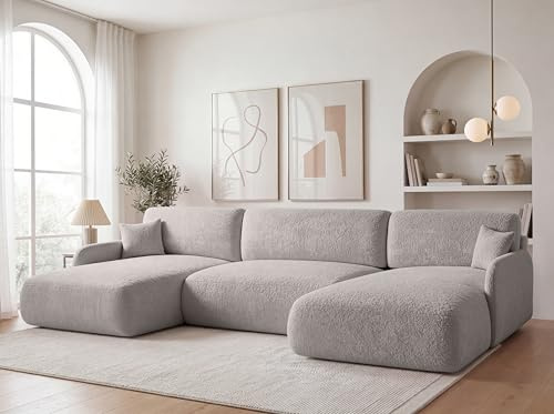 KP-Meble U-Form Wohnlandschaft mit Schlaffunktion 360x175 cm Bouclé Beige – Großes Schlafsofa mit Bettkasten, Moderne Couch mit Stauraum Pierr (Anthology 15)