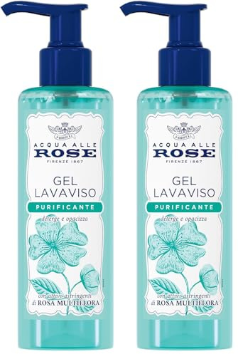 Acqua alle Rose, Gel Lavaviso Purificante con Attivi Astringenti di Rosa Multiflora, Detergente Viso per Pelli Miste o con Imperfezioni, Deterge, Purifica e Opacizza, Uso Quotidiano, 200 ml