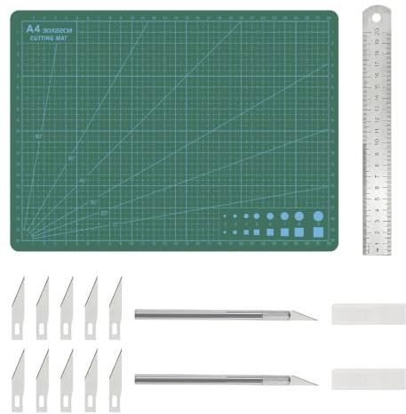 A4 Cutting Mat, Self-Healing 3mm PVC Double-Sided Non-Slip Craft Mat with Grid – Includes Craft Knives & Steel Ruler, Cutting Mat Set for Sewing, DIY, Model Building & Scrapbooking