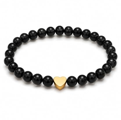 GD GOOD.designs Edelstein Armband mit 18K vergoldetem Edelstahl Herz | Perlenarmband Damen mit echten 6 mm Naturstein Perlen | Wasserfest | elastisch 15–19 cm | inkl. Schmuckbeutel