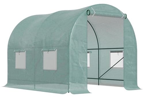 Outsunny Serra da Giardino a Tunnel con Porta Avvolgibile, Serra per Orto con 4 Finestre in PE, Telaio in Tubo d'Acciaio Verniciato e 2 Rinforzi Diagonali, 2.5x2x2m, Verde
