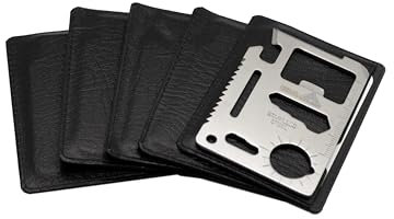 (5-Pack, Silver) Ninja Outdoorsman 11 in 1 Stainless Steel Credit Card Pocket Sized Survival Multi Functional Tool - Stocking Stuffers, Christmas Gifts Under 10 Dollars