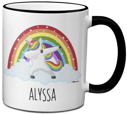 Ransalex Unicorn Pride - Taza de café personalizada con diseño de unicornio – Taza de té novedosa con tu nombre (325 ml, asa negra/borde – dabbing)