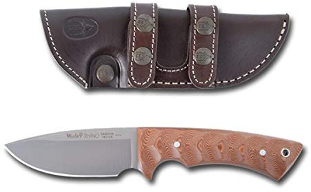 Muela Cuchillo Rhino RHINO-10SV.C hoja de acero Sandvik 14C28N de 10 cm y empuñadura de micarta coyote para Caza, Pesca, Supervivencia y Bushcraft - Realizado en Ciudad Real