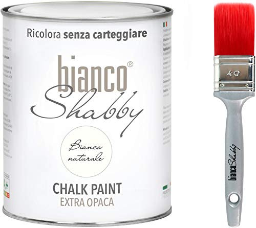 bianco Shabby Pintura a la Tiza para Todas las Superficies - 1 L Chalk Paint Blanca Natural + Brocha 40mm para Muebles de Madera - Interior & Exterior