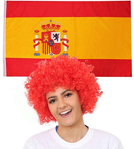 I LOVE FANCY DRESS Spanien Fahne UND Bunting +ROTE Afro PERÜCKE Flagge Dekoration Fussball Sport LÄNDER ABMESSUNGEN VON 152cmX91cm