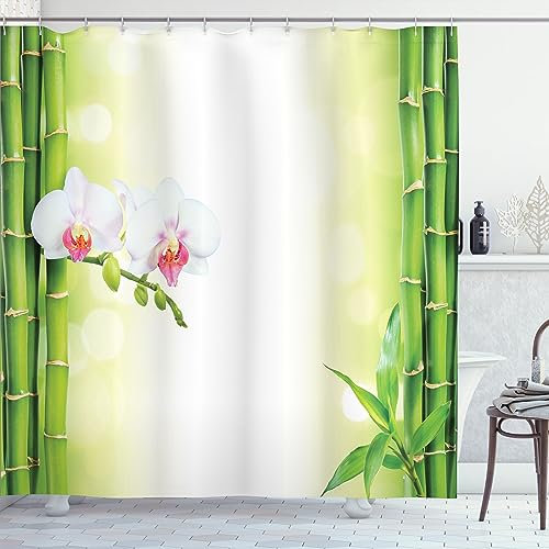 ABAKUHAUS Spa Duschvorhang, Orchideen Bambuszweige, Stoffliches Gewebe Badezimmerdekorationsset mit Haken, 175 x 220 cm, Grün und Weiß