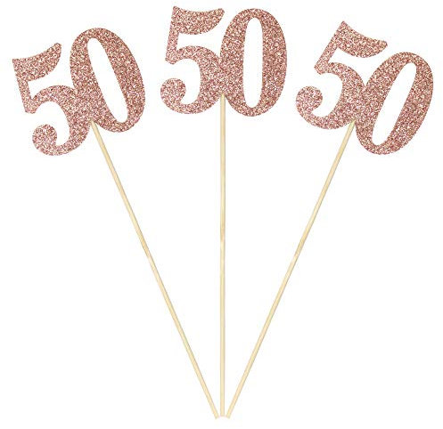 Sumerk Rose Gold Glitter 50 Centerpiece Sticks 50th Birthday Table Toppers Flower Toppers Anniversary Birthday Party Decoration Supplies - Pack of 8