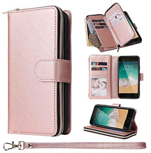 ZCDAYE Wallet Case for iPhone 7 Plus/8 Plus,Premium[Magnetic Closure][Zipper Pocket] Folio PU Leather Flip Case Cover with 9 Card Slots Kickstand for iPhone 7 Plus/8 Plus 5.5-Rose Gold