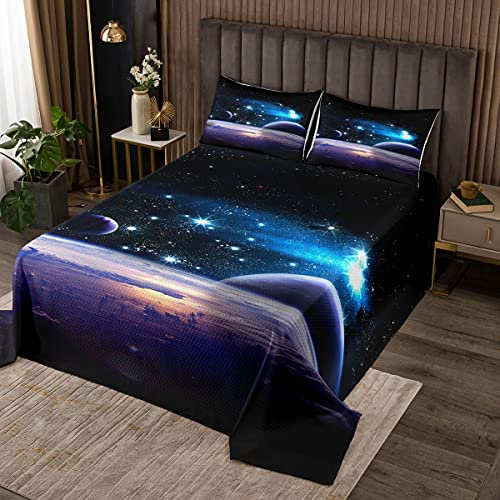 Kinder Bettüberwurf Galaxy Sterne Steppdecke 220x240cm 3D Drucken Galaxis Tagesdecke Weltraum -Motiv Doppelbett Gesteppt Microfaser Wohndecke mit 2 Kissenbezug