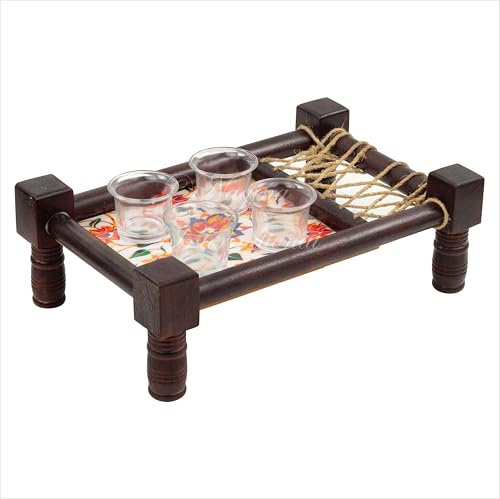 Vassoio decorativo tradizionale asiatico per snack e bevande, decorazione per cappotto in legno dell'India settentrionale (rosso floreale)