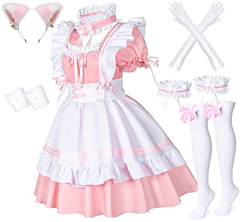 Juego de calcetines de anime francés de criada Lolita para disfraz de cosplay de gato peludo, guantes de oreja, Rosado, Small
