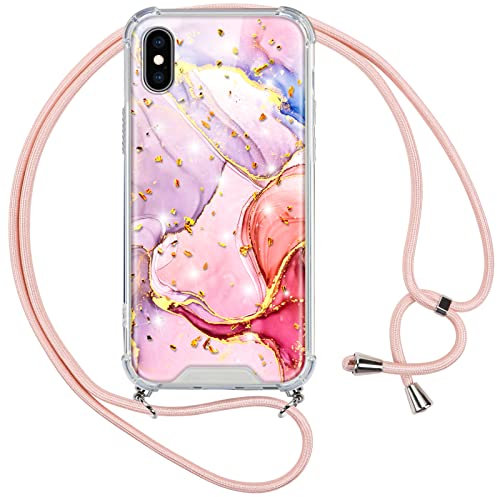 Vauki Hülle Marmor für iPhone XS Max, mit Band Muster Glitzer Handyhülle mit Motiv Transparent Silikon Kordel Handykette zum Schutzhülle Schnur Case für iPhone XS Max 6,5,Roségold