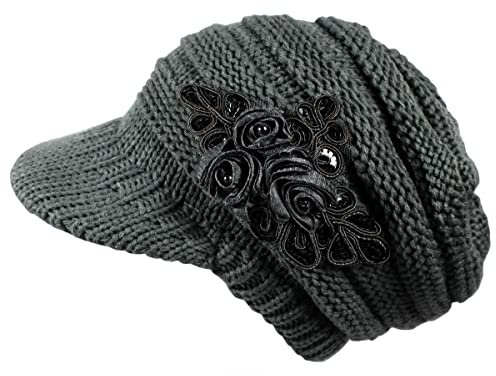 dy_mode Schirmmütze Damen Strickmütze Mütze mit Holzknopf - A080 (A0082-Dunkelgrau)