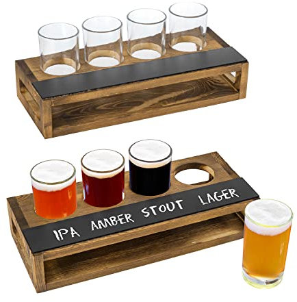 MyGift Rustic Dark Brown Burnt Solid Wood Sampler Tray Beer Flight Holder Serving Set with 4 Glasses and Erasable Chalkboard Label, Set of 2