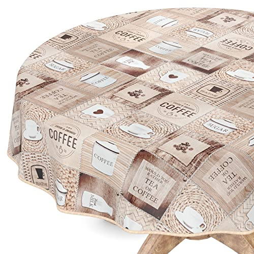 ANRO Tischdecke abwaschbar Wachstuch Wachstuchtischdecke Rund 100cm mit Saum Kaffee Coffee pflegeleicht Wachstischdecke wasserabweisend Gartentischdecke Meterware Lotuseffekt